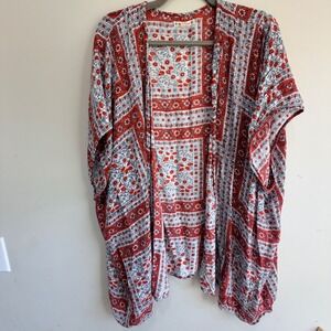 RuffHewn Kimono Cardigan Women XL Red Floral Flowy Boho Indie Transition Light